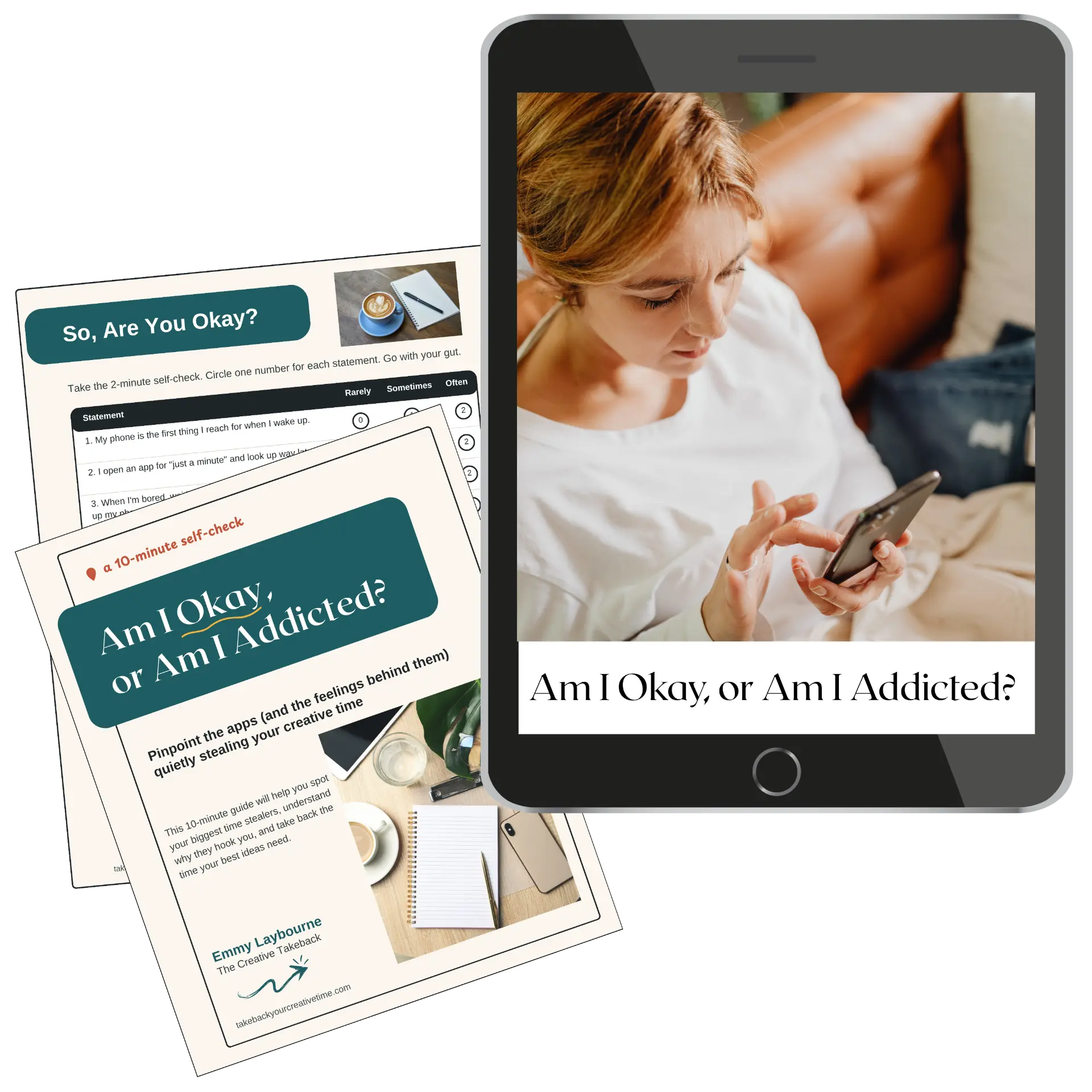 Am I Okay, or Am I Addicted? printable audit sheets beside a tablet showing a woman looking at her phone