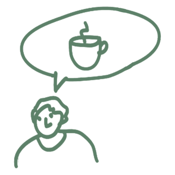 A hand-drawn person with a speech bubble holding a steaming cup